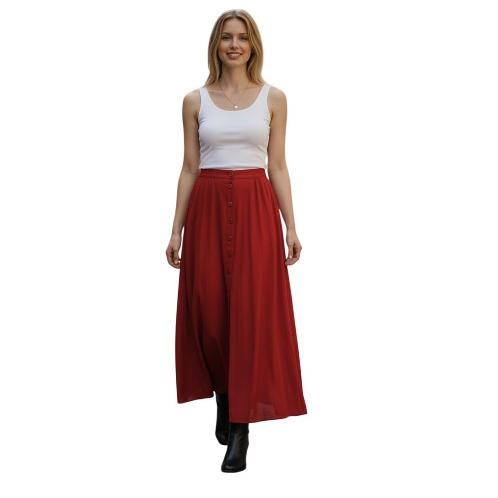 Maeve Anthropologie Red Pleated Button Front Maxi Skirt Fits S Elastic Wst $118‎